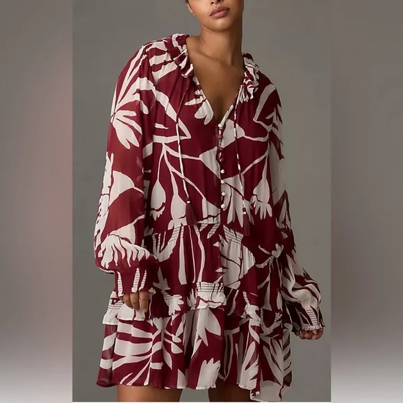 Anthropologie Marais Chiffon Mini Dress w/ ruffled skirt. Maroon, white. L-XL - Picture 2 of 15